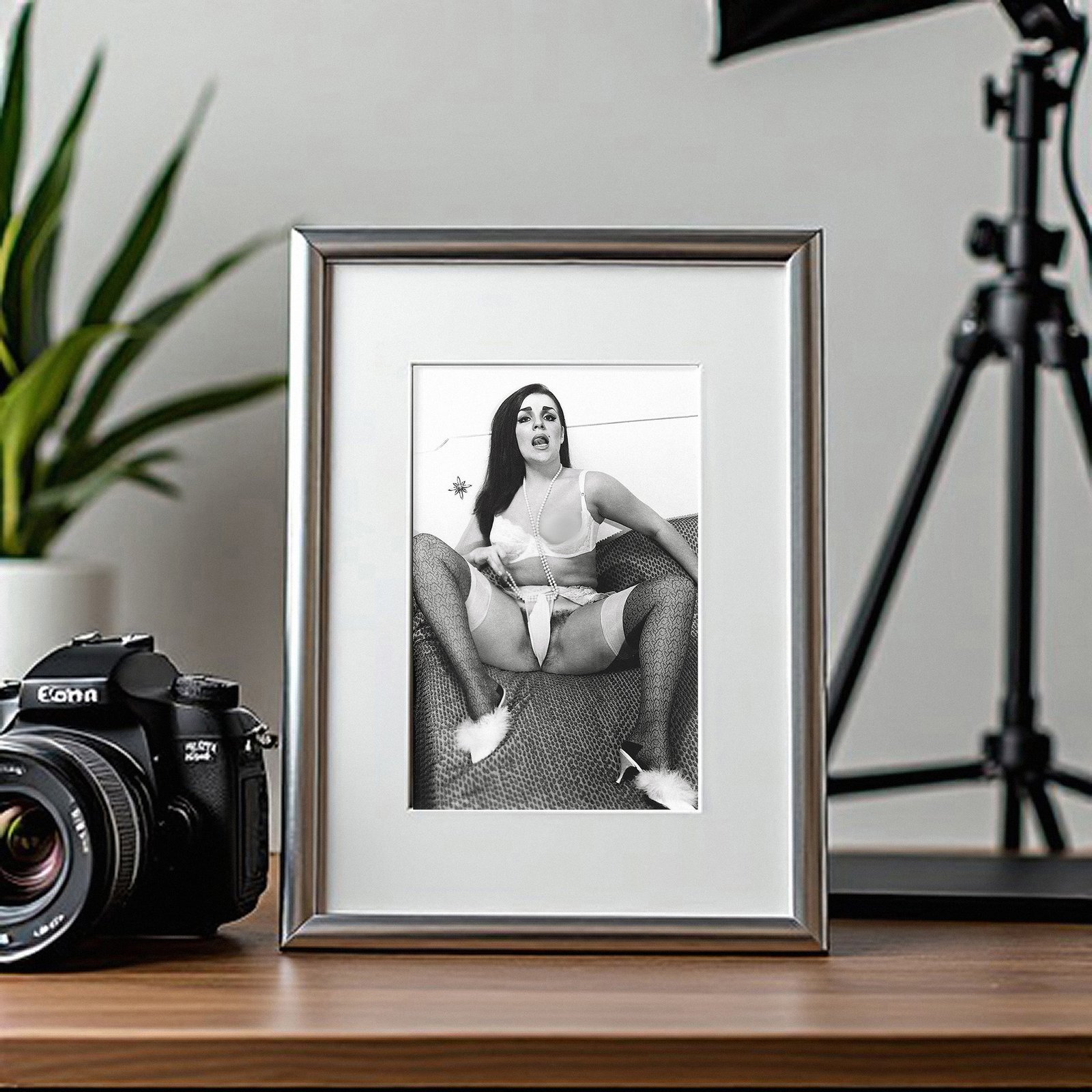 Pin-Up & Glamour Seated Lingerie Studio Pose with Bold Black-and-white Contrast 4x6 Photo Print