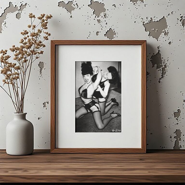 Pin-Up & Glamour Dark-haired Kneeling Boudoir Portrait with Polished Black-and-white Contrast 4x6 Photo Print