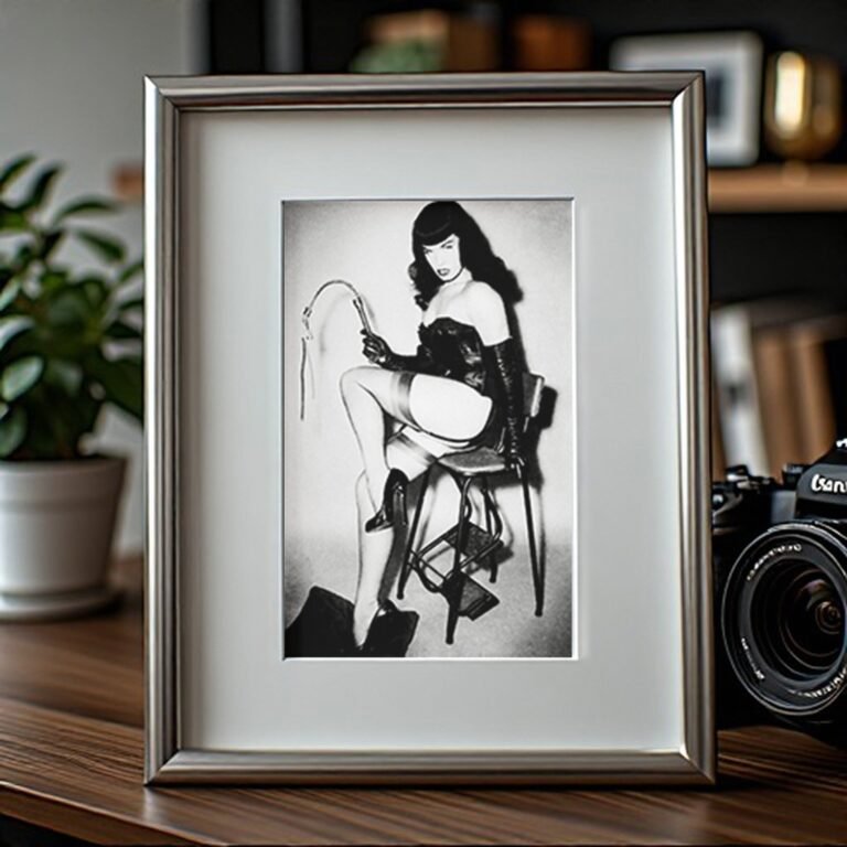 Pin-Up & Glamour Dark-haired Seated Whip Prop Pose with Polished Black-and-white Contrast 4x6 Photo Print