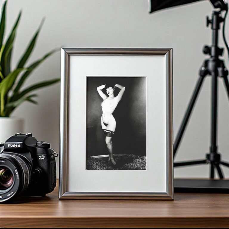 Pin-Up & Glamour Dark-haired Hands-raised Standing Pose with Polished Black-and-white Contrast 4x6 Photo Print
