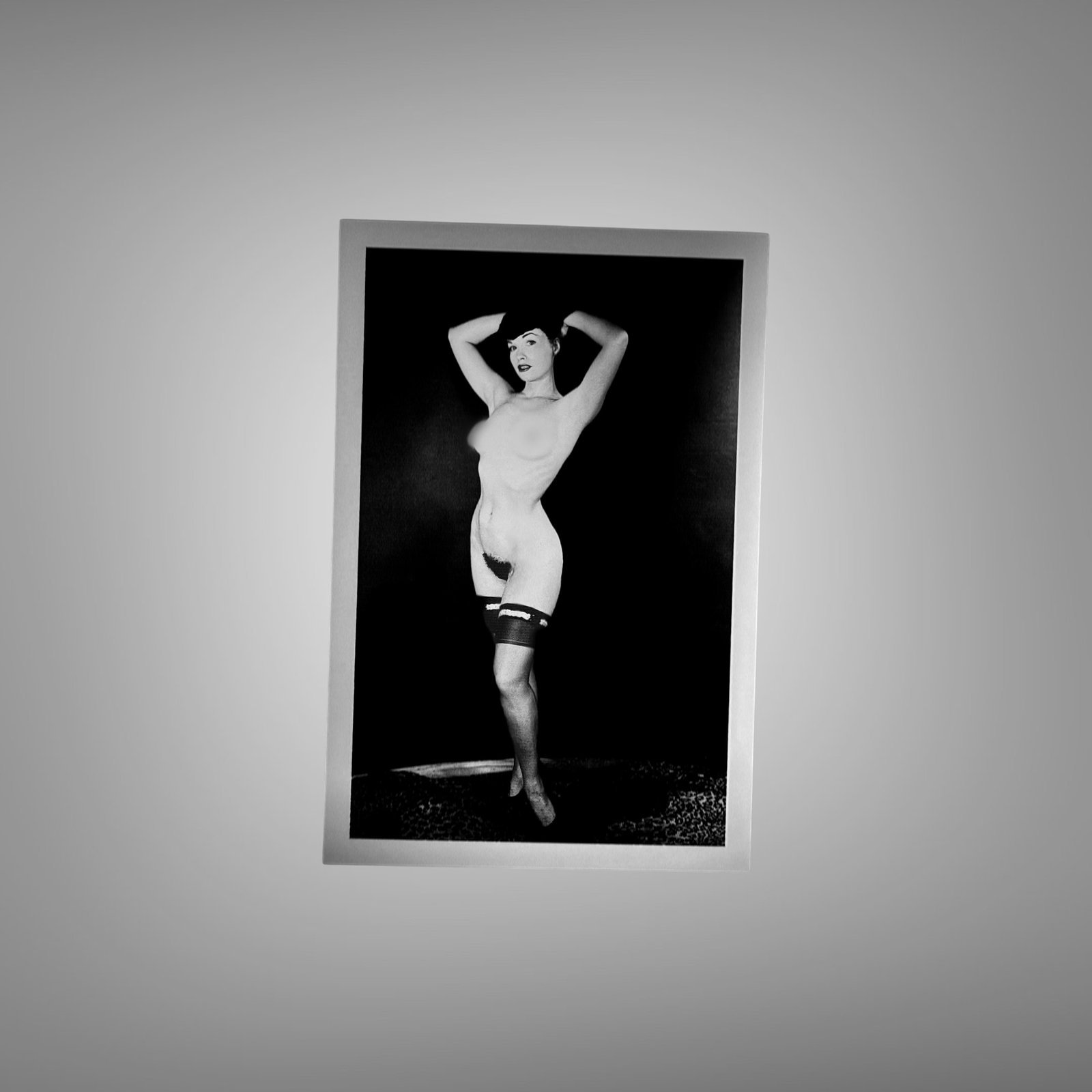 Pin-Up & Glamour Dark-haired Hands-raised Standing Pose with Polished Black-and-white Contrast 4x6 Photo Print