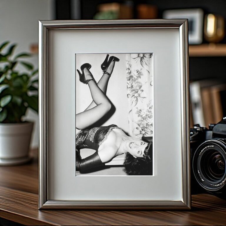 Pin-Up & Glamour Dark-haired Legs-up Boudoir Pose with Polished Black-and-white Contrast 4x6 Photo Print