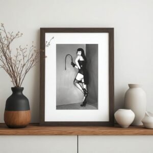 Pin-Up & Glamour Dark-haired Standing Whip Prop Portrait with Polished Black-and-white Contrast 4x6 Photo Print