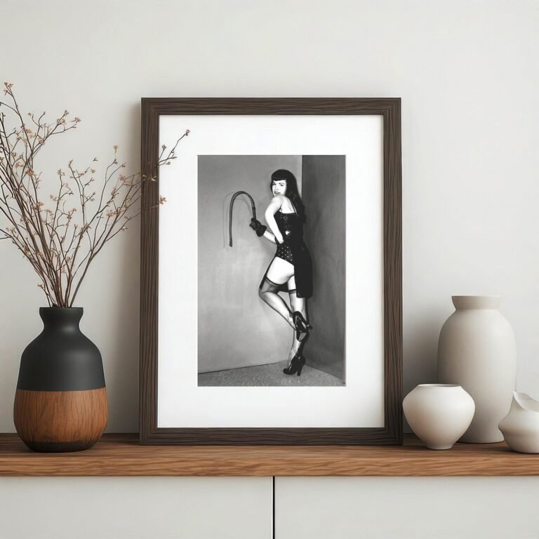 Pin-Up & Glamour Dark-haired Standing Whip Prop Portrait with Polished Black-and-white Contrast 4x6 Photo Print