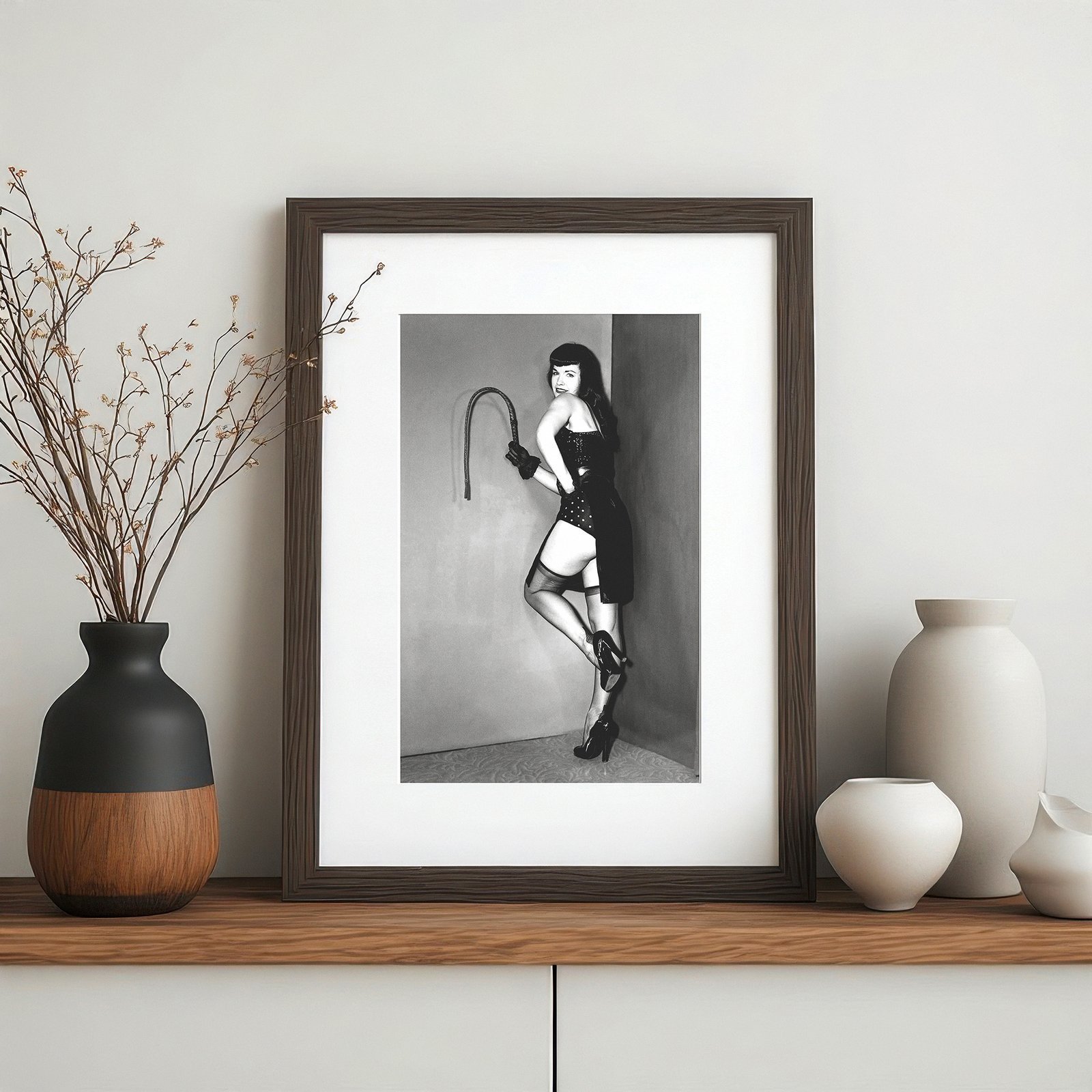 Pin-Up & Glamour Dark-haired Standing Whip Prop Portrait with Polished Black-and-white Contrast 4x6 Photo Print