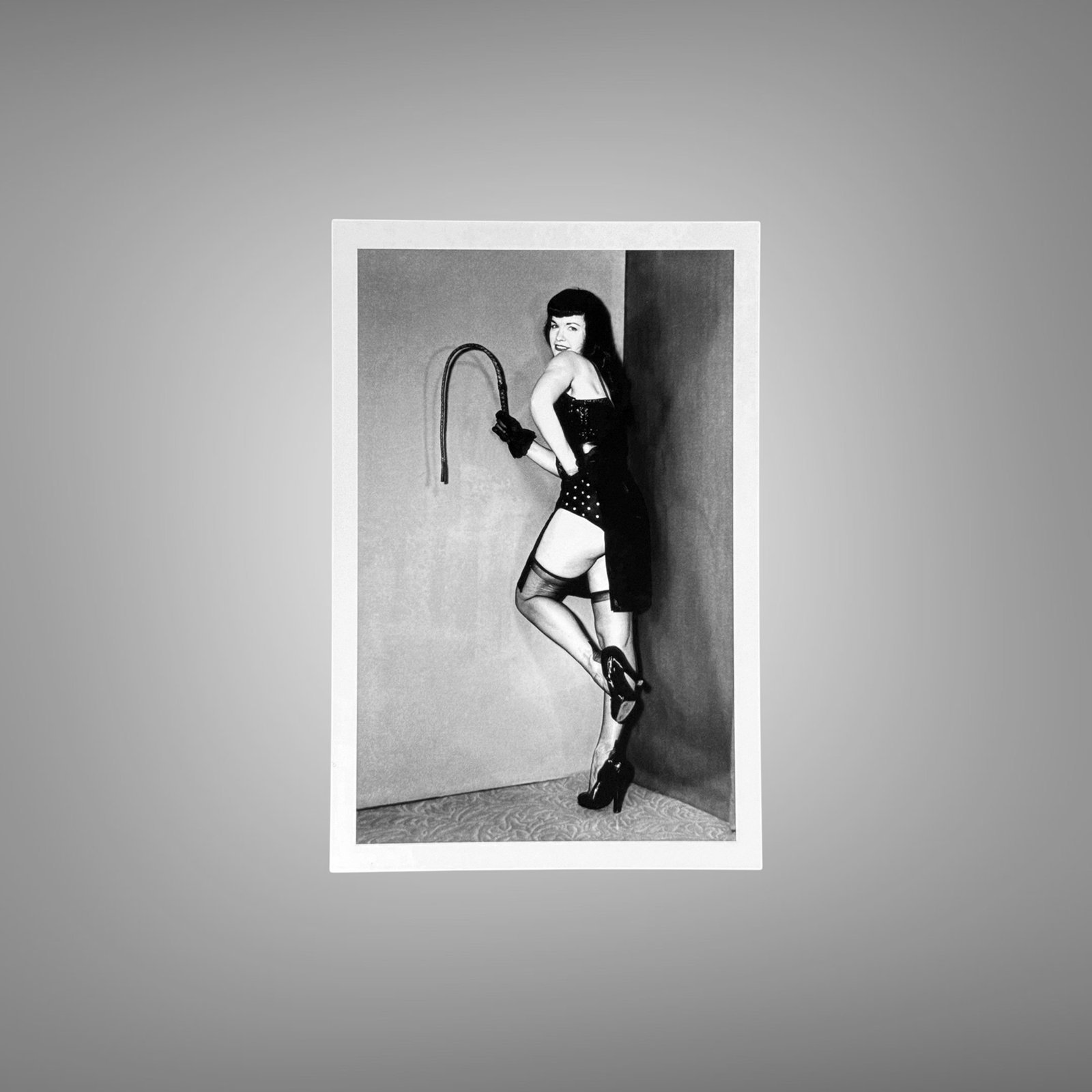 Pin-Up & Glamour Dark-haired Standing Whip Prop Portrait with Polished Black-and-white Contrast 4x6 Photo Print