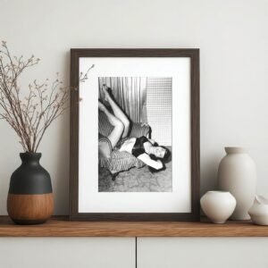 Pin-Up & Glamour Dark-haired Sofa Reclining Composition with Polished Black-and-white Contrast 4x6 Photo Print