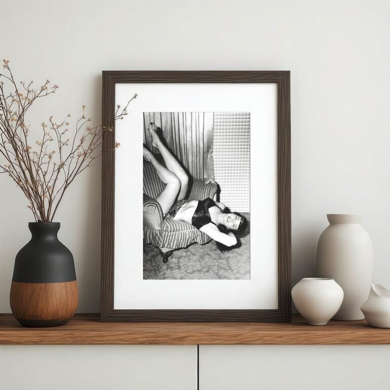 Pin-Up & Glamour Dark-haired Sofa Reclining Composition with Polished Black-and-white Contrast 4x6 Photo Print