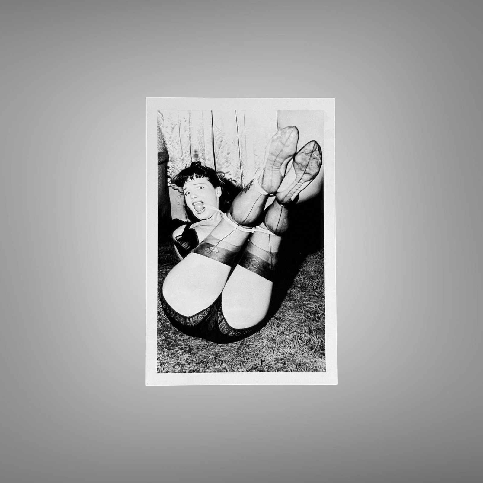 Pin-Up & Glamour Dark-haired Fan and Garter Studio Pose with Polished Black-and-white Contrast 4x6 Photo Print