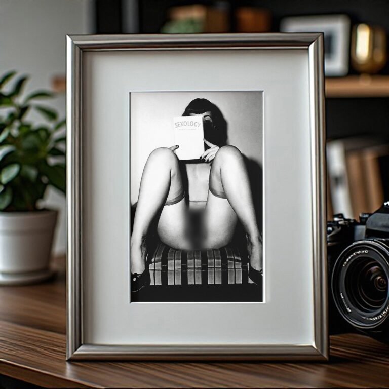 Pin-Up & Glamour Dark-haired Seated Leg-forward Composition with Polished Black-and-white Contrast 4x6 Photo Print