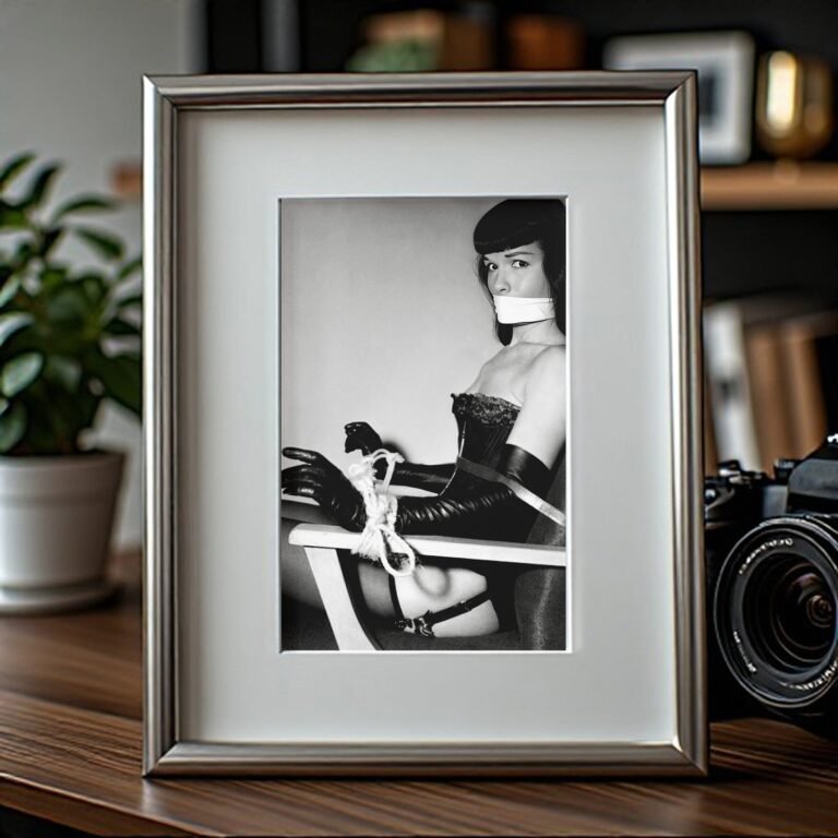 Pin-Up & Glamour Dark-haired Masked Seated Portrait with Polished Black-and-white Contrast 4x6 Photo Print