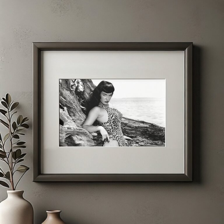Pin-Up & Glamour Dark-haired Outdoor Tree-and-leopard Print Pose with Polished Black-and-white Contrast 4x6 Photo Print