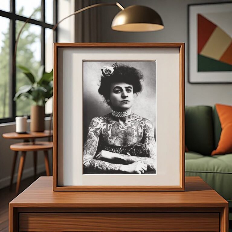 Pin-Up & Glamour Tattooed Woman Seated Portrait with Ornate Vintage Body Art 4x6 Photo Print