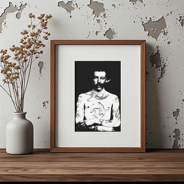 Pin-Up & Glamour Tattooed Man Portrait On a Dark Background with Folded Arms 4x6 Photo Print