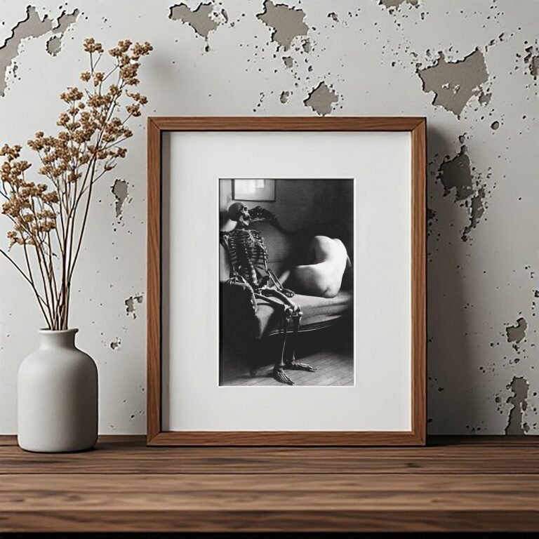 Pin-Up & Glamour Skeleton Beside Reclining Figure in a Surreal Studio Scene 4x6 Photo Print