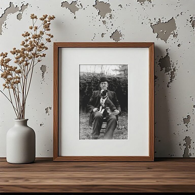 Pin-Up & Glamour Man Seated Outdoors with a Dog in a Quiet Vintage Portrait 4x6 Photo Print