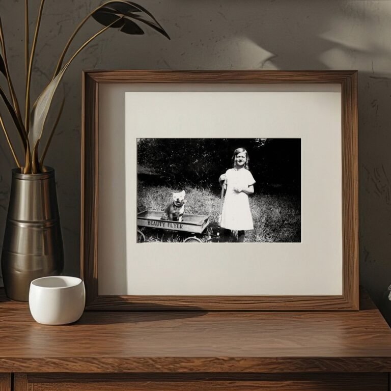 Pin-Up & Glamour Rotated Yard Portrait with Dog and Standing Figure 4x6 Photo Print