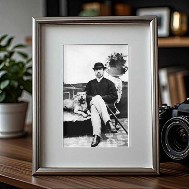 Pin-Up & Glamour Seated Man with Dog in a Formal Outdoor Portrait 4x6 Photo Print