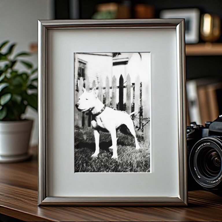 Pin-Up & Glamour White Dog Standing By Picket Fence in Soft Vintage Grain 4x6 Photo Print