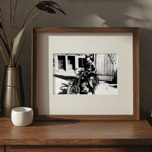 Pin-Up & Glamour Motorcycle and Rider Street Photograph in High-contrast Black-and-white 4x6 Photo Print