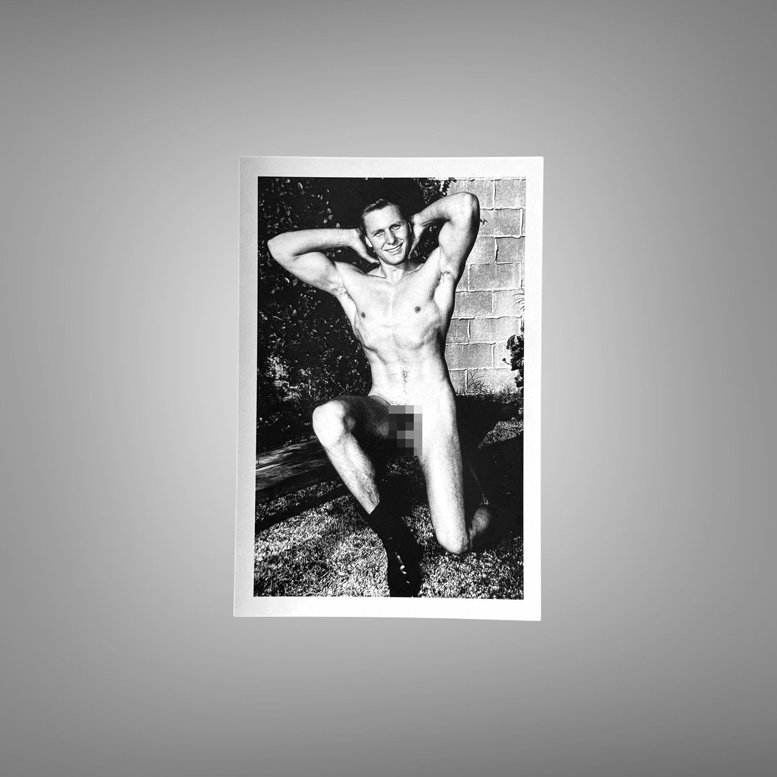 Male Physique Kneeling Outdoor Physique Pose with Hands Behind Head 4x6 Photo Print