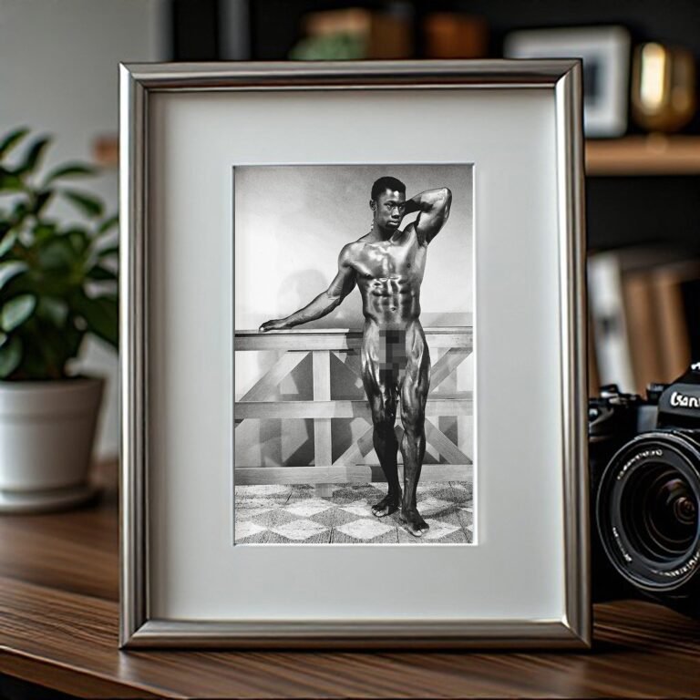 Male Physique Standing Muscular Portrait Against a Terrace Backdrop 4x6 Photo Print