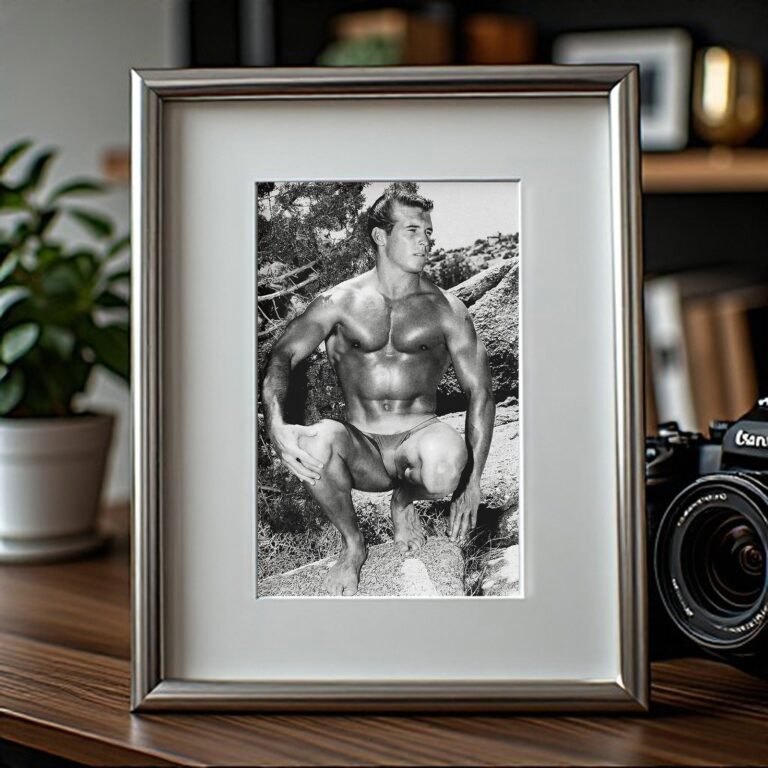Male Physique Kneeling Bodybuilder Pose with Rugged Natural Setting 4x6 Photo Print