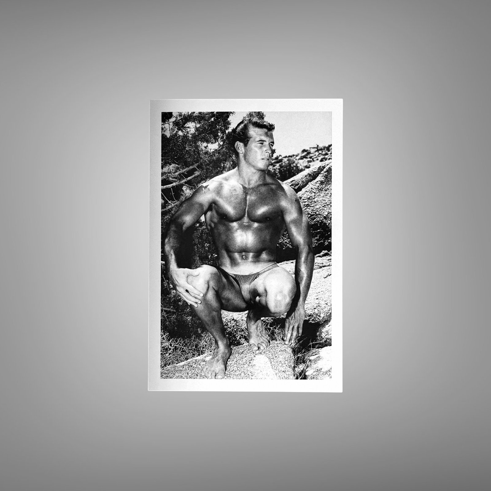 Male Physique Kneeling Bodybuilder Pose with Rugged Natural Setting 4x6 Photo Print