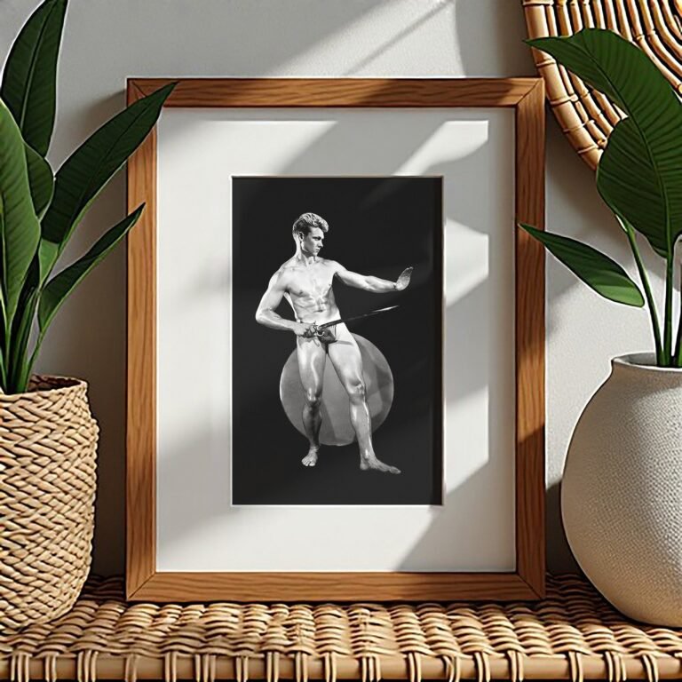 Male Physique Bodybuilder Holding Prop in Dark Studio Setting 4x6 Photo Print