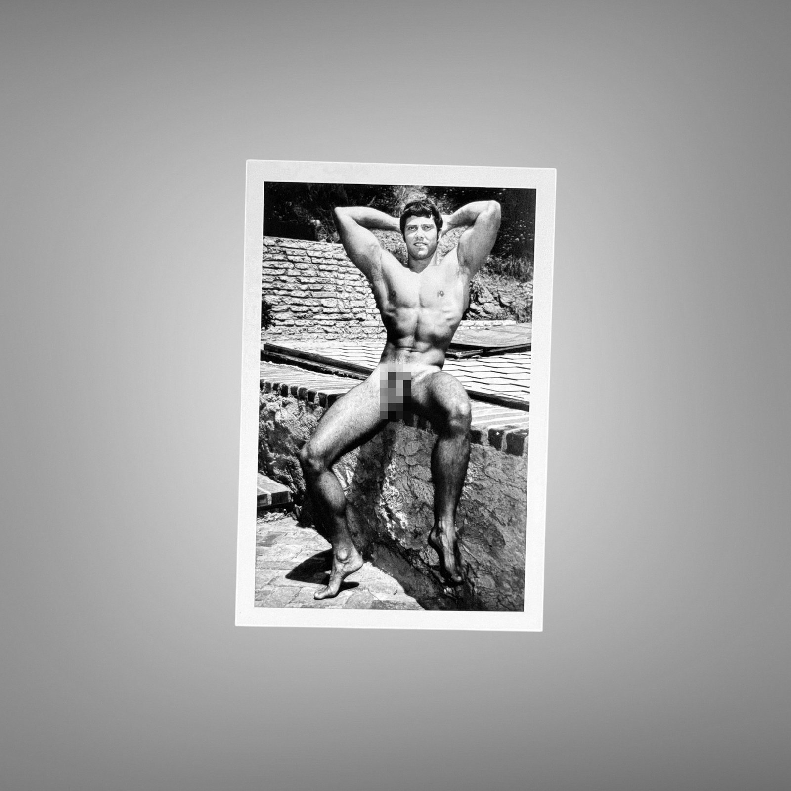 Male Physique Seated Muscular Portrait On Rough Stone or Wood 4x6 Photo Print