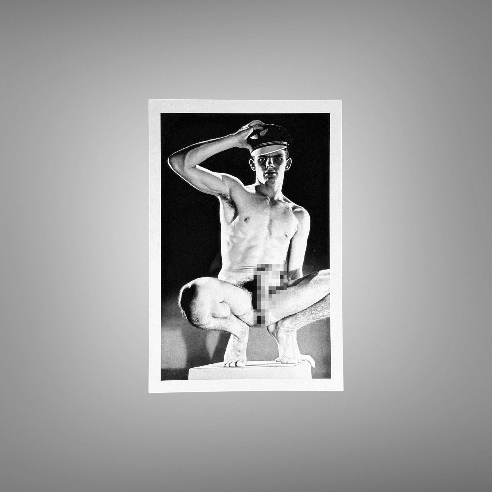Male Physique Seated Cap-wearing Figure Study with Prop 4x6 Photo Print