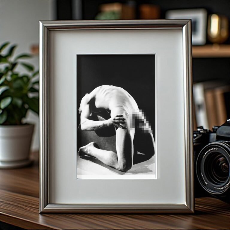 Male Physique Kneeling Bodybuilder Studio Portrait with Sculptural Posture and Athletic Studio Styling 4x6 Photo Print