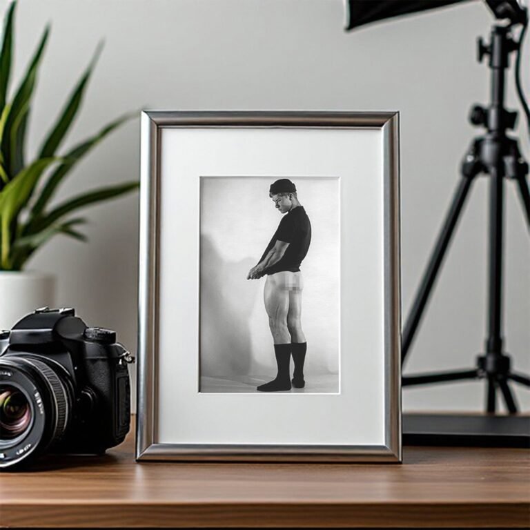 Male Physique Hands Behind Head Strength Pose with Sculptural Posture and Athletic Studio Styling 4x6 Photo Print