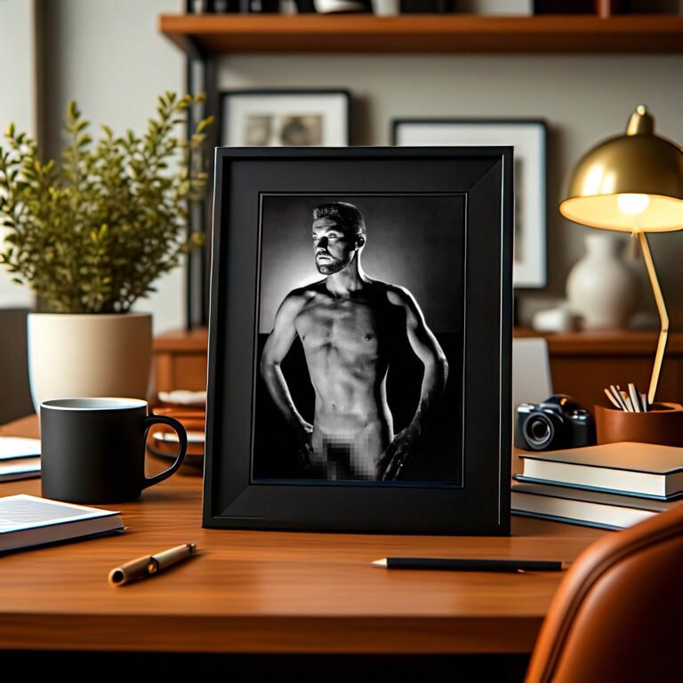Male Physique Roman Column Seated Portrait with Sculptural Posture and Athletic Studio Styling 4x6 Photo Print
