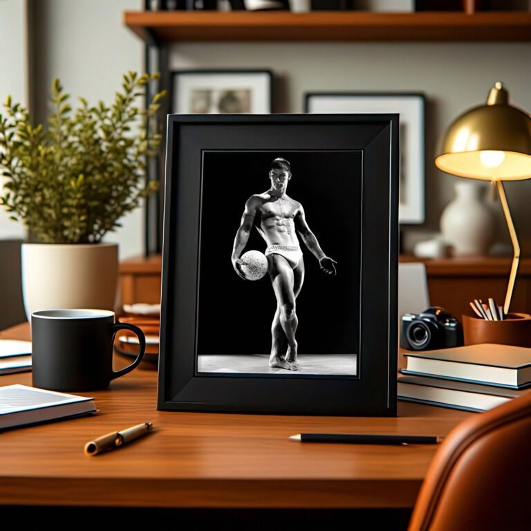 Male Physique an Athletic Knee Rest Studio Pose with Sculptural Posture and Athletic Studio Styling 4x6 Photo Print