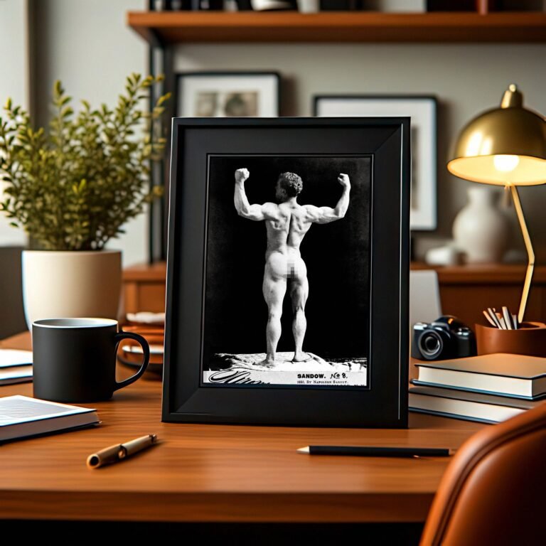 Male Physique Bench Seated Muscle Portrait with Sculptural Posture and Athletic Studio Styling 4x6 Photo Print