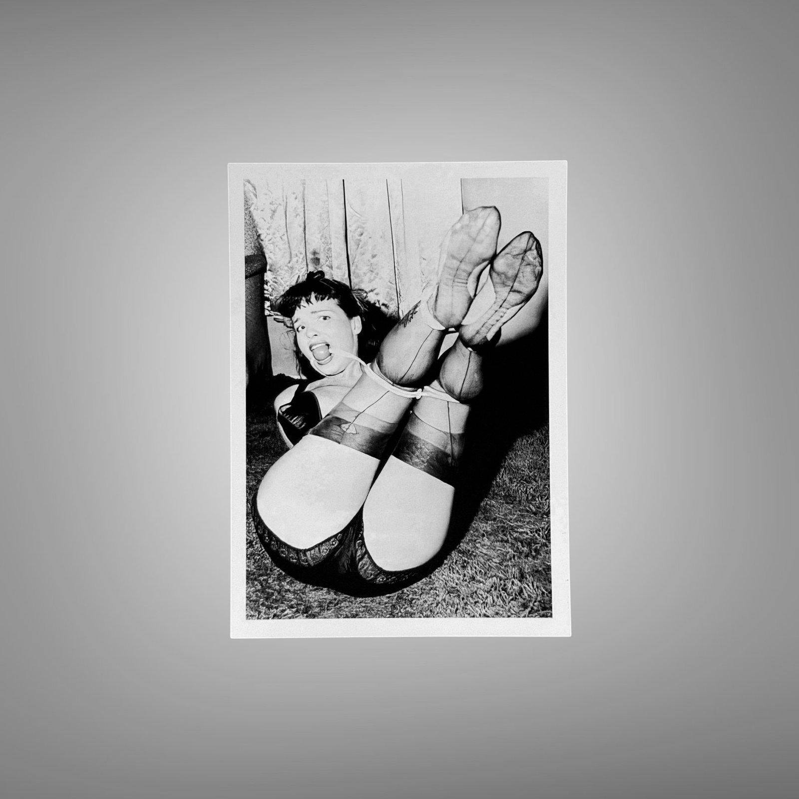 Pin-Up & Glamour Dark-haired Fan and Garter Studio Pose with Polished Black-and-white Contrast 5x7 Photo Print