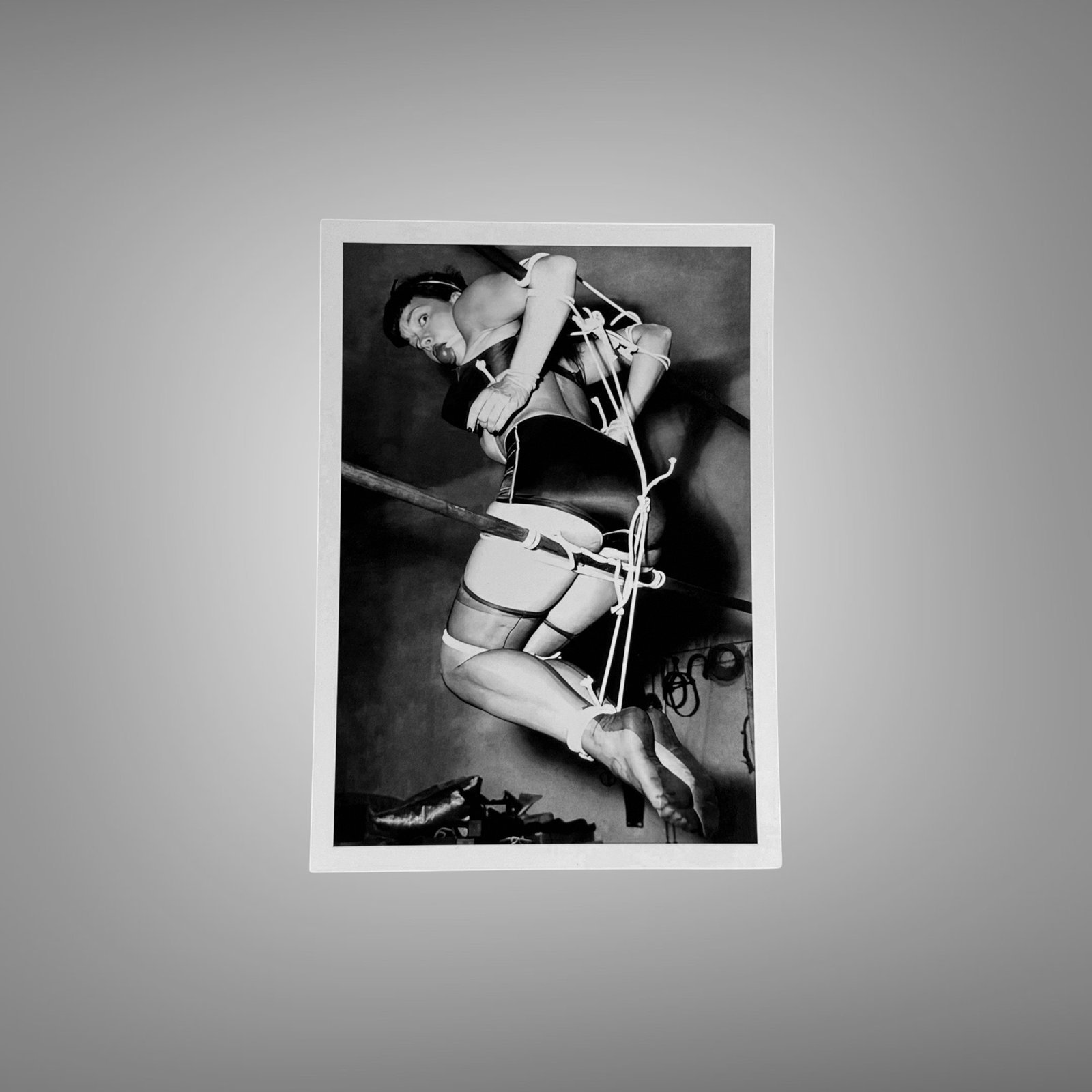 Pin-Up & Glamour Dark-haired Strap-and-chair Studio Scene with Polished Black-and-white Contrast 5x7 Photo Print