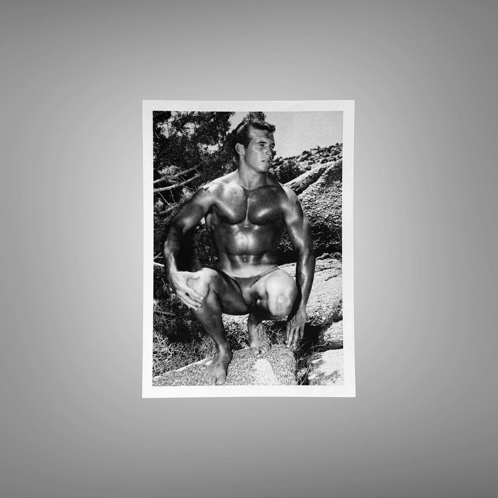 Male Physique Kneeling Bodybuilder Pose with Rugged Natural Setting 5x7 Photo Print