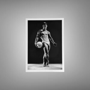 Male Physique an Athletic Knee Rest Studio Pose with Sculptural Posture and Athletic Studio Styling 5x7 Photo Print