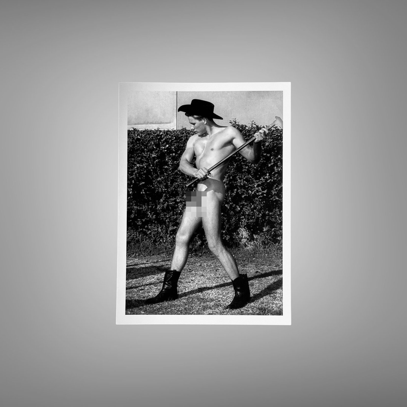 Male Physique Leaning Stool Figure Portrait with Sculptural Posture and Athletic Studio Styling 5x7 Photo Print
